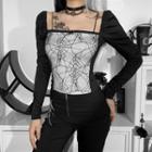 Long-sleeve Square-neck Spiderweb Mesh Top