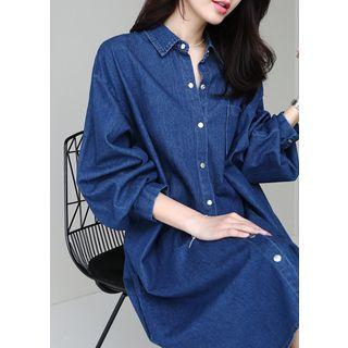 Shirred-back Balloon-sleeve Denim Shirtdress