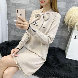 Lettering Bow Accent Long-sleeve Knit Dress