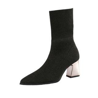 Block Heel Pointy Knit Short Boots