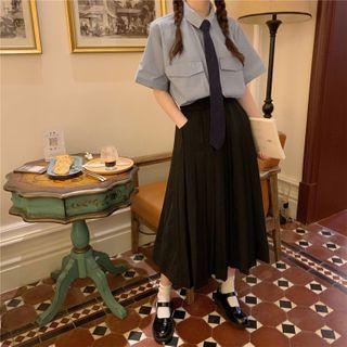 Short-sleeve Plain Cargo Shirt Blue - One Size