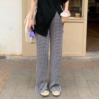 Plaid Straight-leg Pants Black & White - One Size