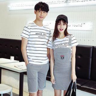 Couple Matching Striped Short-sleeve T-shirt / Set: Striped Short-sleeve T-shirt + Jumper Dress