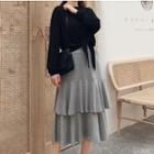 Set: Tie-waist Pullover + Midi Tiered A-line Skirt