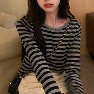 Long-sleeve Striped T-shirt Stripes - Gray & Black - One Size