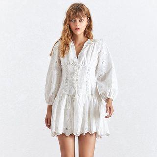 V Neck Lantern Sleeve Tie Front Lace Mini Dress