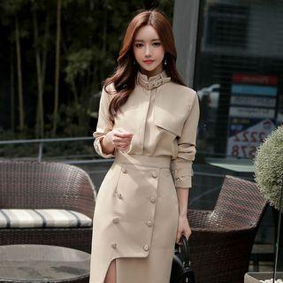 Set: Stand Collar Long-sleeve Top + Double-breasted Pencil Skirt