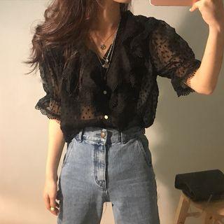 Set: Short-sleeve V-neck Ruffle Blouse + Camisole