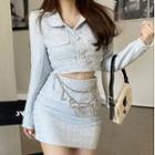 Tweed Buttoned Jacket / Mini Skirt / Waist Chain