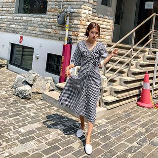 Drawcord-front Tie-back Long Gingham Dress