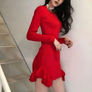 Long-sleeve Ruffle Hem Mini Knit Dress