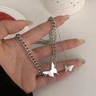 Butterfly Pendant Layered Necklace Xl1542 - Silver - One Size