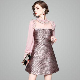 Mesh Panel Mock Neck Long Sleeve Dress