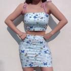 Set: Spaghetti Strap Butterfly Print Crop Top + Fitted Mini Skirt