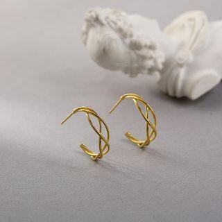 925 Sterling Silver Layered Open Hoop Earring Stud Earring - 1 Pair - Gold - One Size