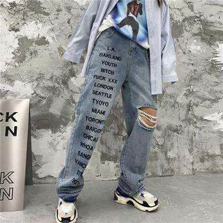 Letter Embroidered Distressed Wide-leg Jeans