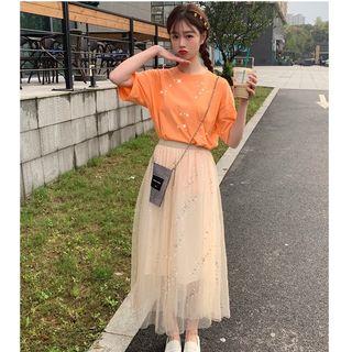 Plain Short-sleeve T-shirt / Mesh Midi A-line Skirt
