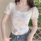 Short Sleeve Frilled Floral Print T-shirt White - One Size