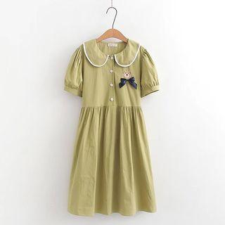 Short-sleeve Collar Bear Embroidered Midi A-line Dress