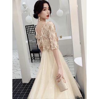 Fringed A-line Evening Gown