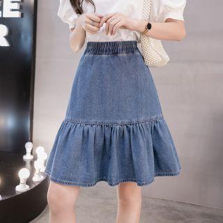 Band-waist Ruffle Hem Denim A-line Skirt