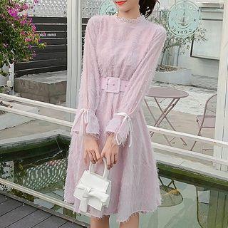Long-sleeve Beaded Mesh Panel Fringed A-line Dress