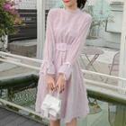Long-sleeve Beaded Mesh Panel Fringed A-line Dress
