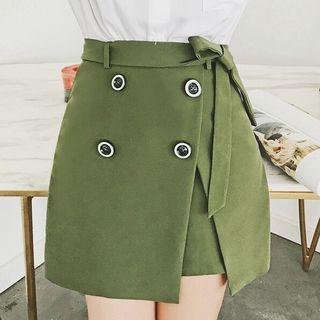 Tie-waist Buttoned A-line Skirt