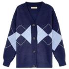 Long-sleeve V-neck Plaid Knit Cardigan Blue - One Size