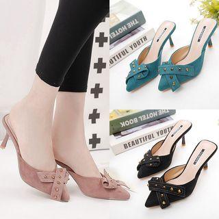 Studded Ribbon Detail Kitten Heel Mules