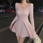 Rhinestone Knit Long-sleeve A-line Dress Pink - One Size
