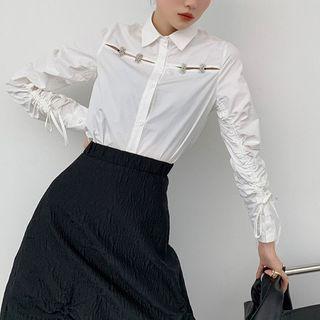 Plain Perforated Long-sleeve Blouse