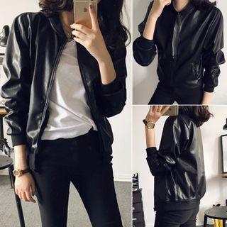Zip-up Faux Leather Jacket Black - One Size