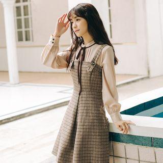 Long-sleeve Tie-neck Shirt / Plaid Mini A-line Pinafore Dress