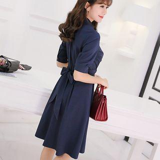 Tie-waist Elbow-sleeved A-line Dress