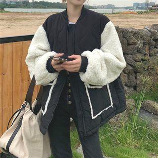 Color-block Fleece Loose-fit Jacket Black - One Size