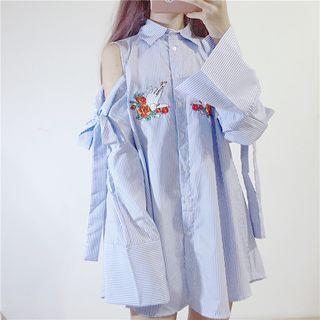 Floral Embroidered Cold-shoulder Striped Mini Shirt Dress