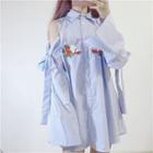 Floral Embroidered Cold-shoulder Striped Mini Shirt Dress