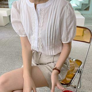 Crochet-trim Pintuck Blouse With Sash Ivory - One Size