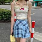 Frill Trim Camisole Top / Plaid Pleated Mini A-line Skirt