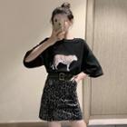 Set: Short-sleeve Printed T-shirt + Mini Leopard Print A-line Skirt