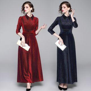 Pinstriped Long-sleeve A-line Maxi Velvet Dress