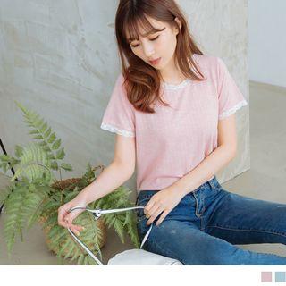 Lace Trim Short Sleeve Stretch Top