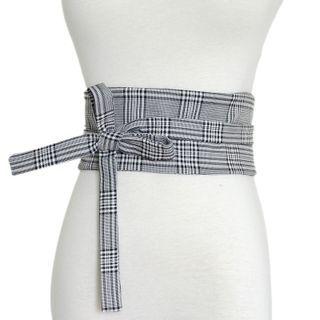 Plaid Lace-up Fabric Wide Belt Black & White - One Size