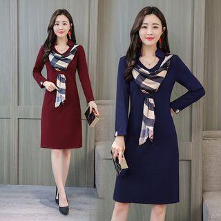 Long-sleeve Plaid Tie-front A-line Dress