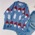 Mushroom Print Sweater Blue - One Size
