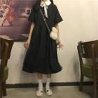 Short-sleeve Tie Neck Loose Fit Dress Black - One Size
