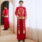 Traditional Chinese 3/4-sleeve Dragon A-line Wedding Gown