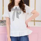 Bow Print Collared Short Sleeve T-shirt