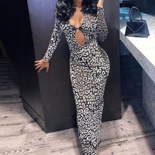Long-sleeve Leopard Print Cutout Maxi Bodycon Dress